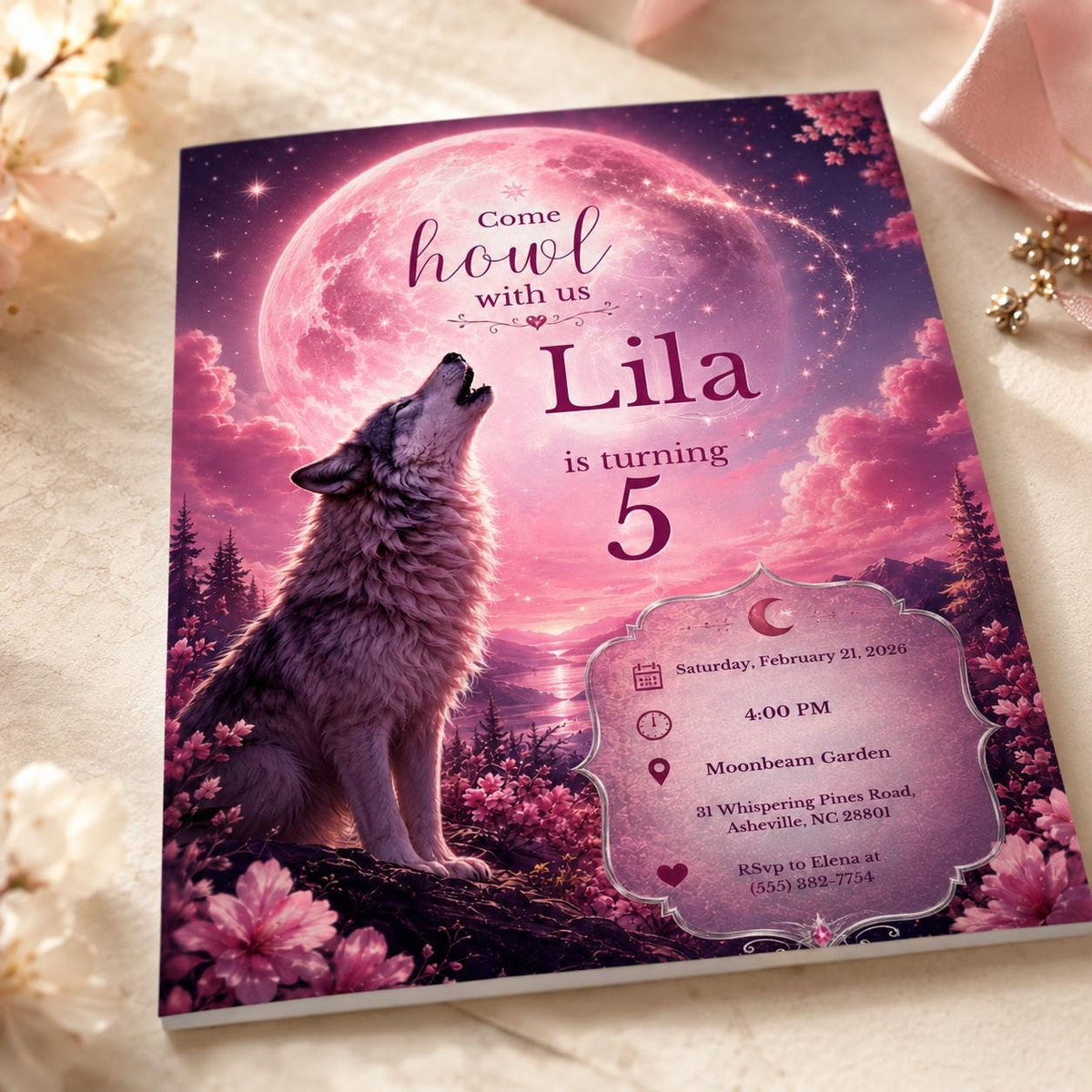 Pink Wolf 5th Birthday Invitation for Girls — print-ready 5th birthday party design from VoltBy