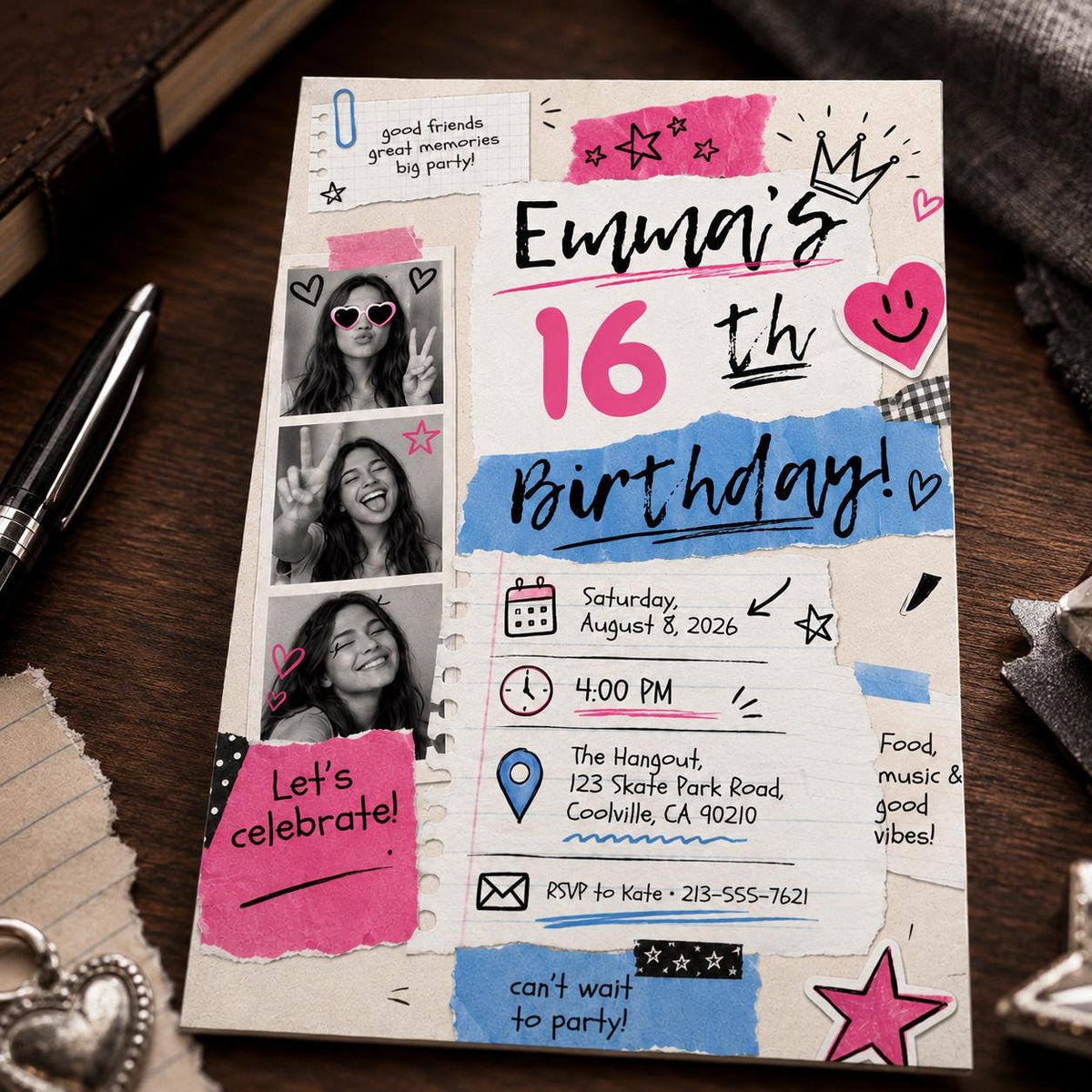 Pink Y2K Sweet 16 Birthday Invitation for Girls — print-ready sweet 16 design from VoltBy