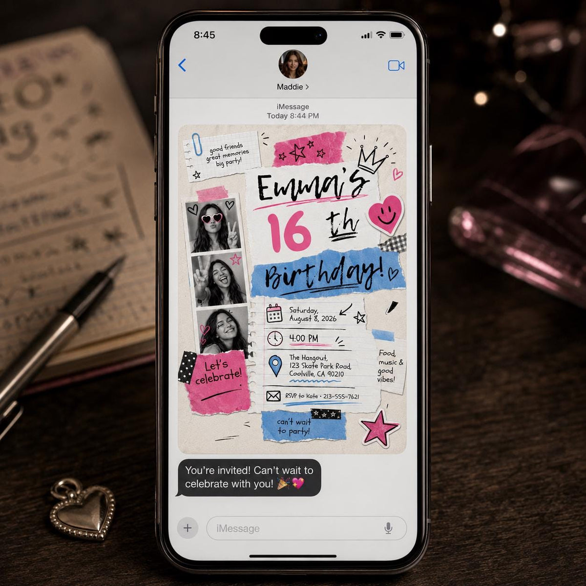 Pink Y2K Sweet 16 Birthday Invitation for Girls — digital invitation, instant download