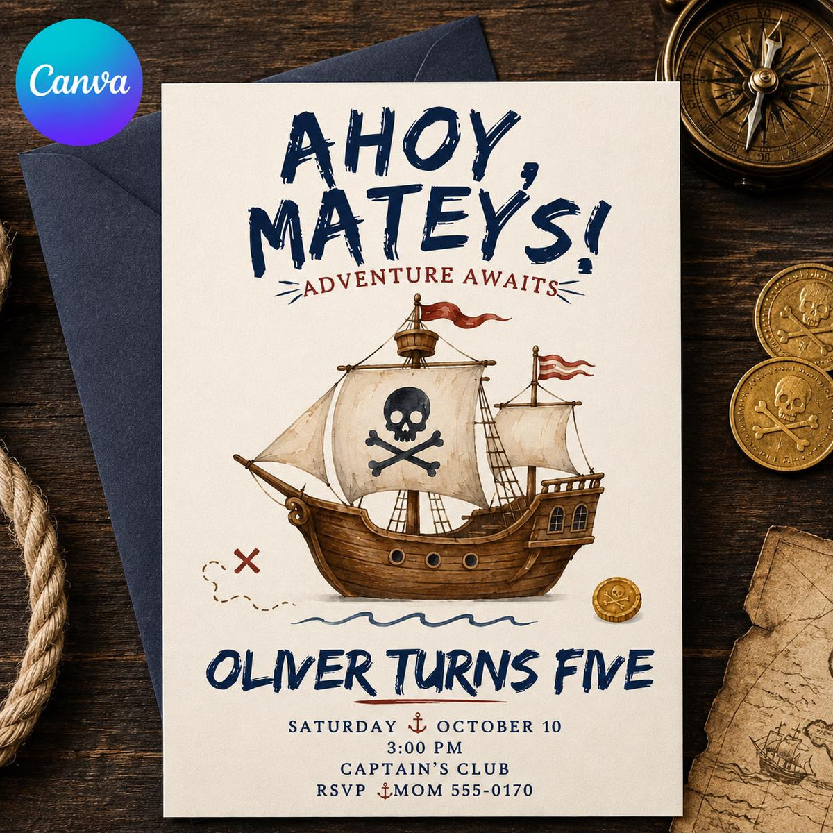 Pirate 5th Birthday Invitation: Ahoy Mateys Kids Pirate Party — editable Canva template