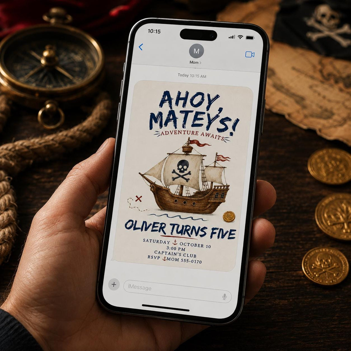 Pirate 5th Birthday Invitation: Ahoy Mateys Kids Pirate Party — invitation you personalize in Canva