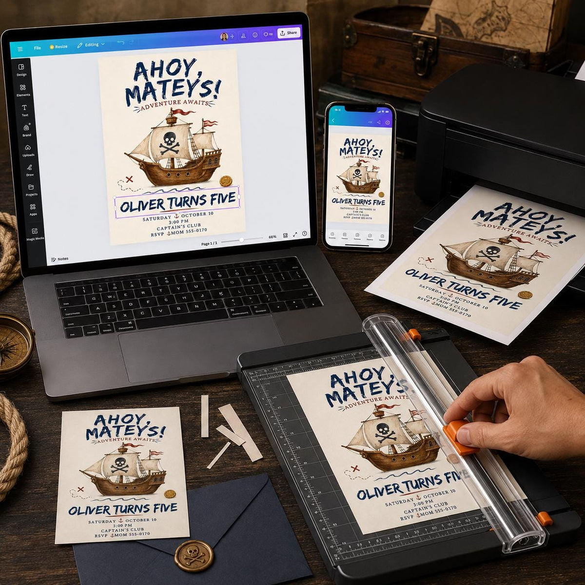 Pirate 5th Birthday Invitation: Ahoy Mateys Kids Pirate Party — digital invitation, instant download