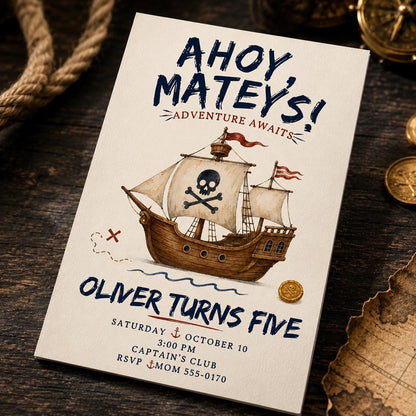 Pirate 5th Birthday Invitation: Ahoy Mateys Kids Pirate Party — 5th birthday party stationery by VoltBy