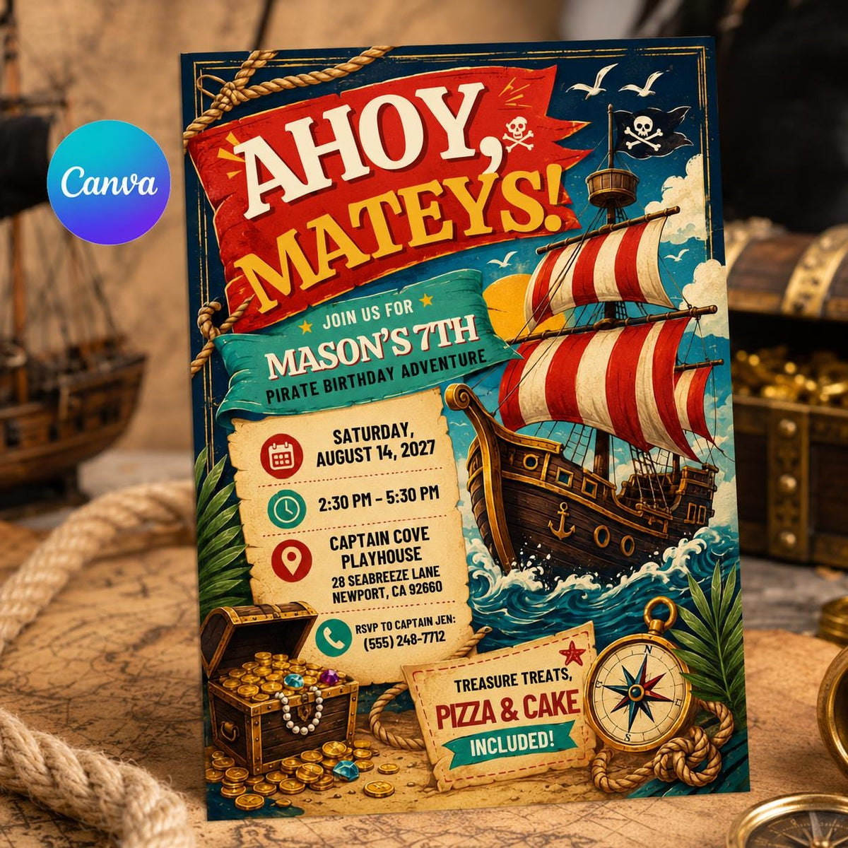 Pirate 7th Birthday Invitation for Boys — editable Canva template