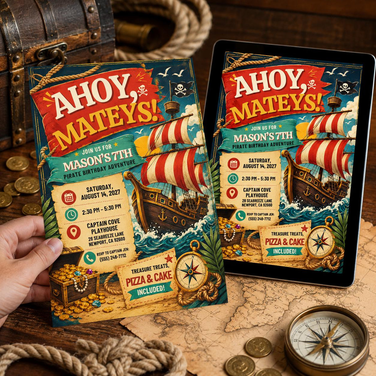 Pirate 7th Birthday Invitation for Boys — print-ready 7th birthday party design from VoltBy