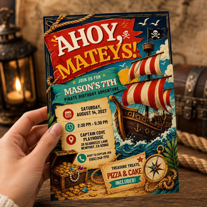 Pirate 7th Birthday Invitation for Boys — digital invitation, instant download
