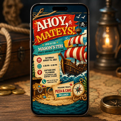 Pirate 7th Birthday Invitation for Boys — 7th birthday party stationery by VoltBy