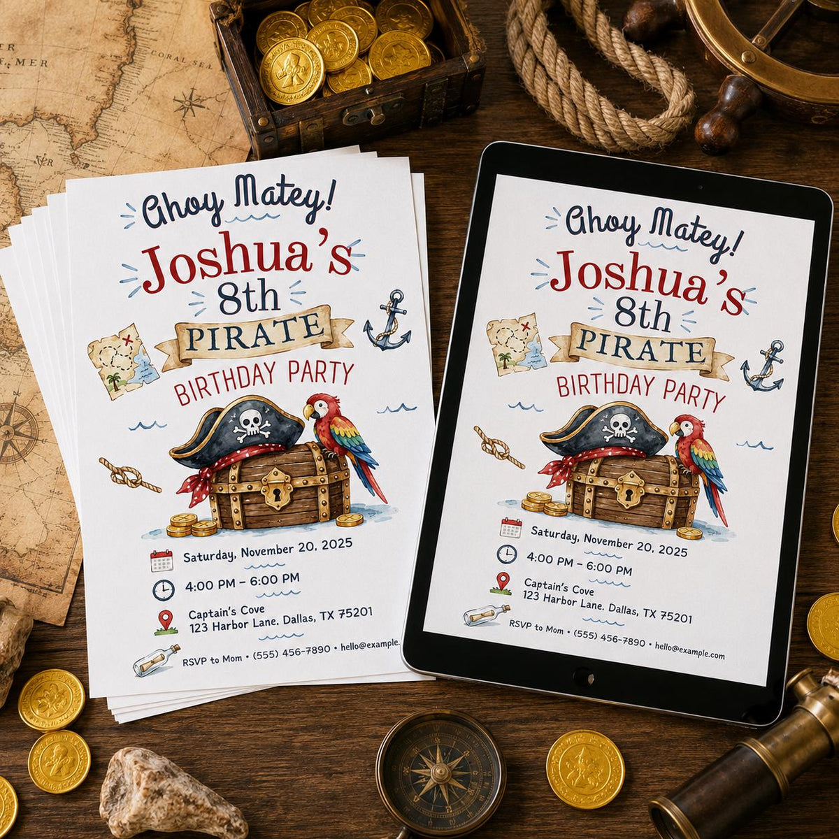 Pirate 8th Birthday Invitation for Boys — invitation you personalize in Canva