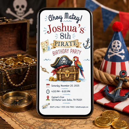 Pirate 8th Birthday Invitation for Boys — print-ready 8th birthday party design from VoltBy