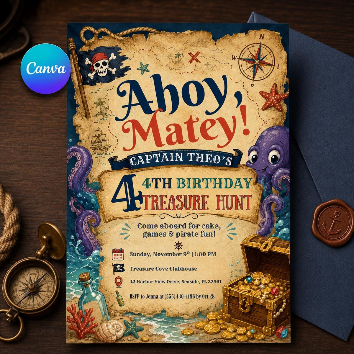 Pirate Map Birthday Invitation — editable Canva template