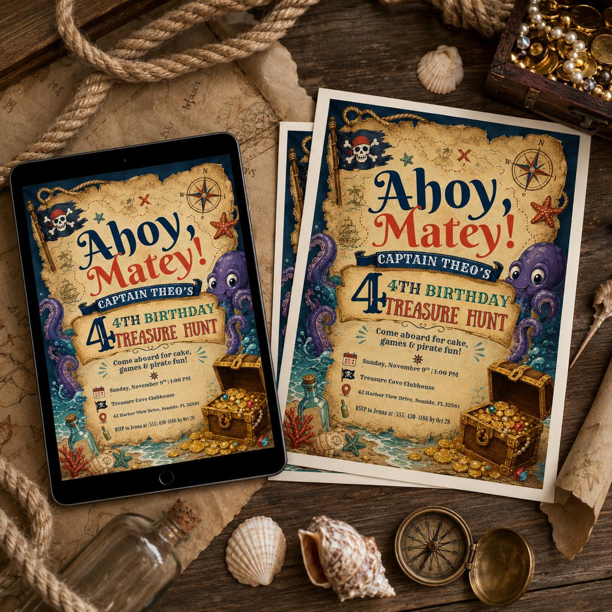 Pirate Map Birthday Invitation — print-ready birthday party design from VoltBy