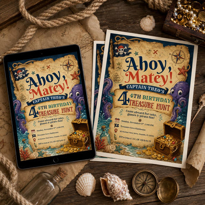 Pirate Map Birthday Invitation — print-ready birthday party design from VoltBy