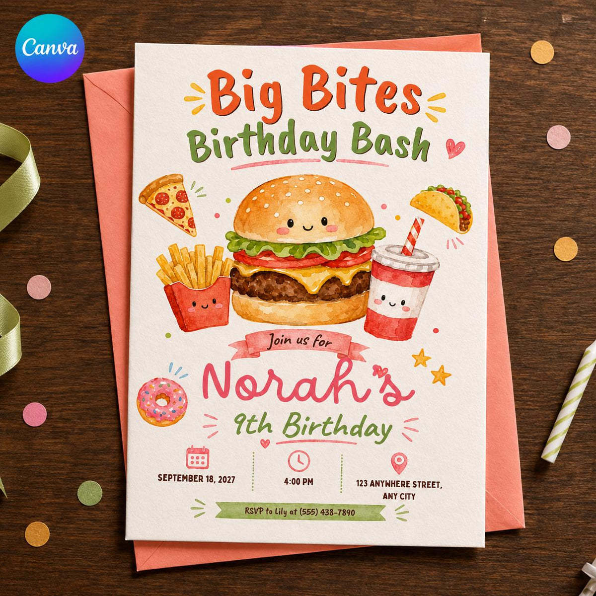 Pizza Fast Food 9th Birthday Invitation — editable Canva template