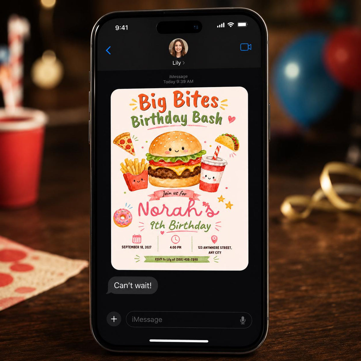Pizza Fast Food 9th Birthday Invitation — burger design
