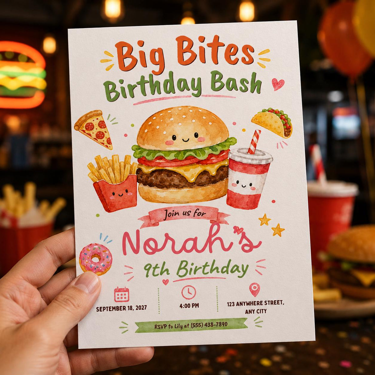 Pizza Fast Food 9th Birthday Invitation — invitation you personalize in Canva
