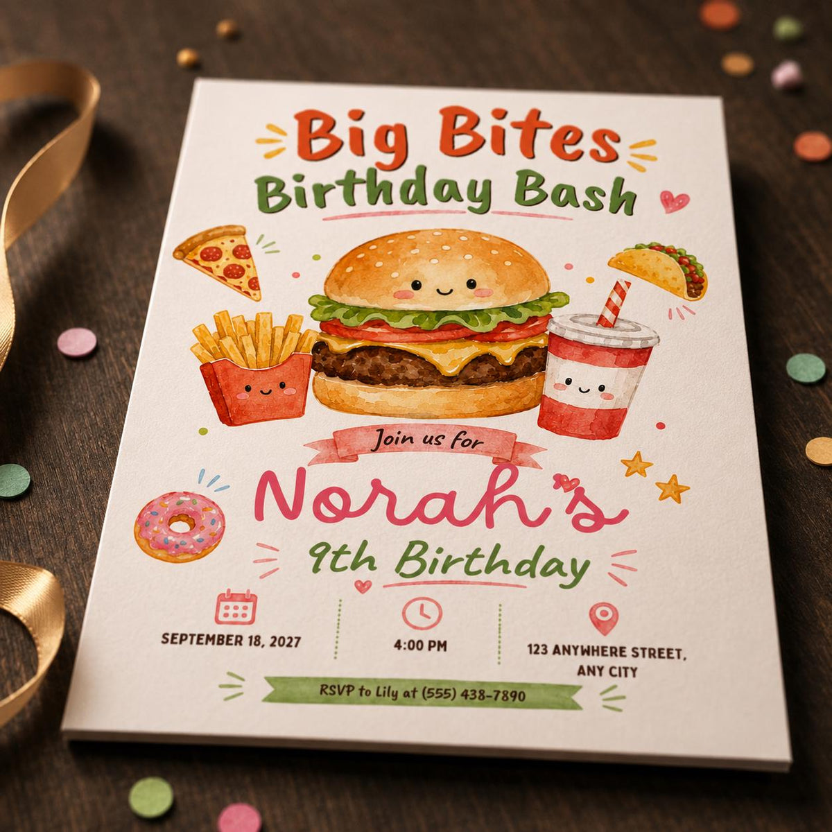 Pizza Fast Food 9th Birthday Invitation — digital invitation, instant download
