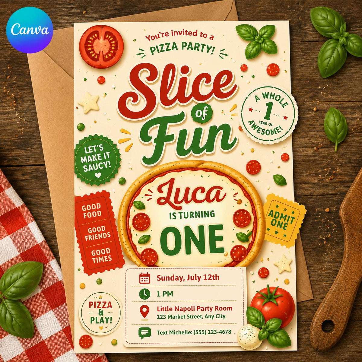 Pizza First Birthday Invitation — editable Canva template