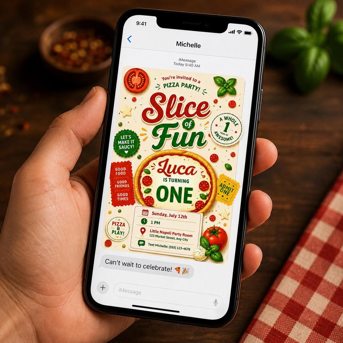 Pizza First Birthday Invitation — invitation you personalize in Canva