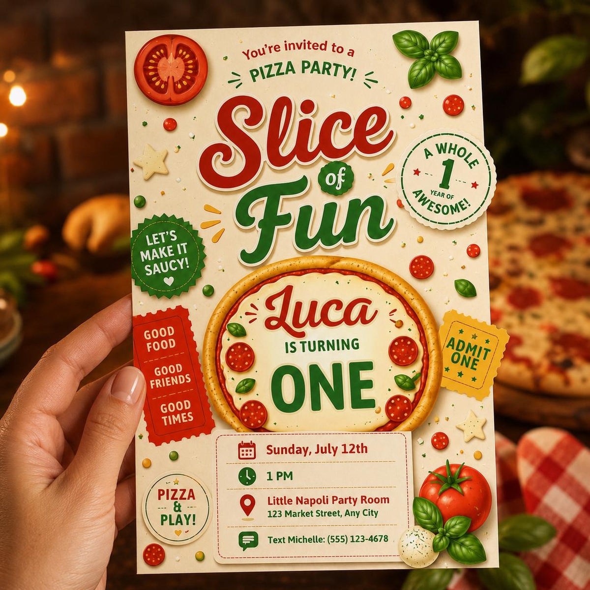 Pizza First Birthday Invitation — print-ready first birthday design from VoltBy