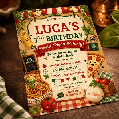 Pizza Italian 7th Birthday Invitation — pasta design