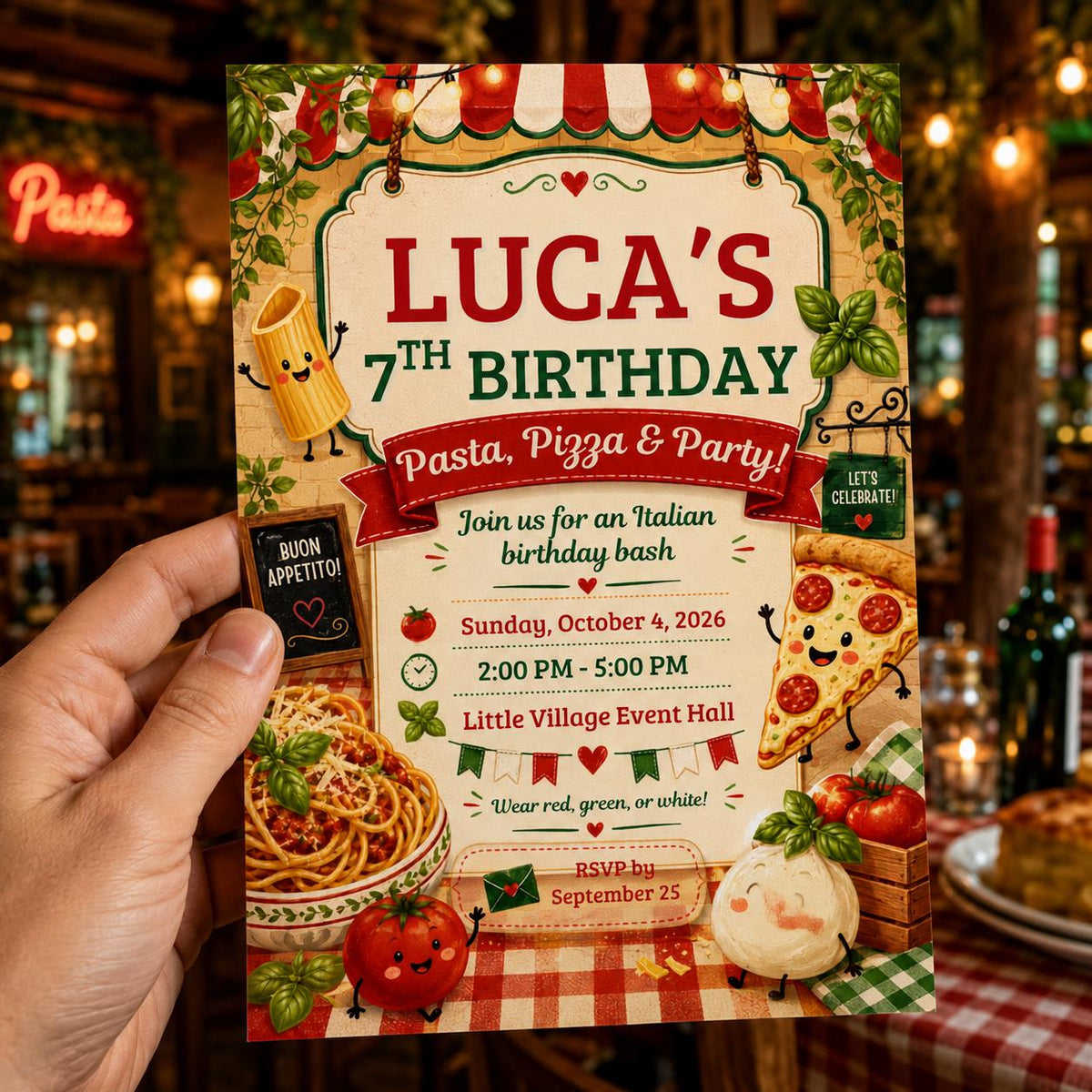 Pizza Italian 7th Birthday Invitation — print-ready 7th birthday party design from VoltBy