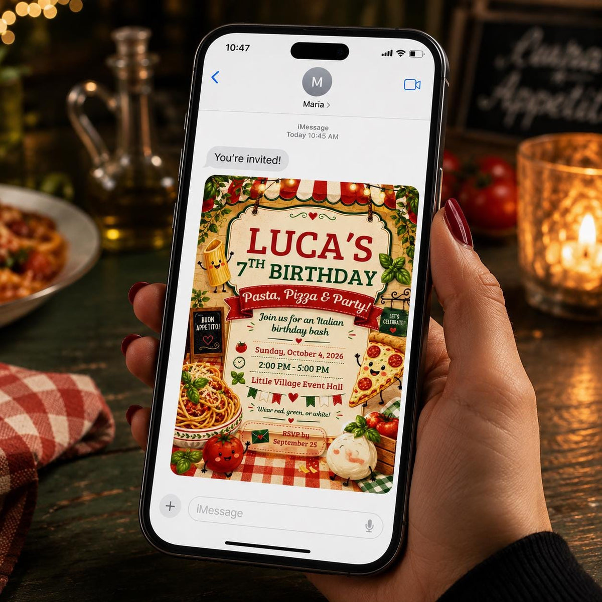 Pizza Italian 7th Birthday Invitation — digital invitation, instant download