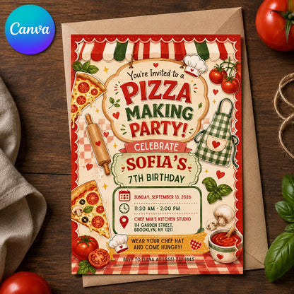 Pizza Making Party Invitation — editable Canva template