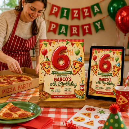 Pizza Party 6th Birthday Invitation — invitation you personalize in Canva