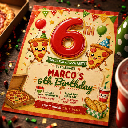 Pizza Party 6th Birthday Invitation — print-ready 6th birthday party design from VoltBy