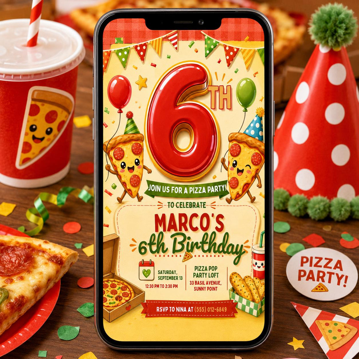 Pizza Party 6th Birthday Invitation — digital invitation, instant download