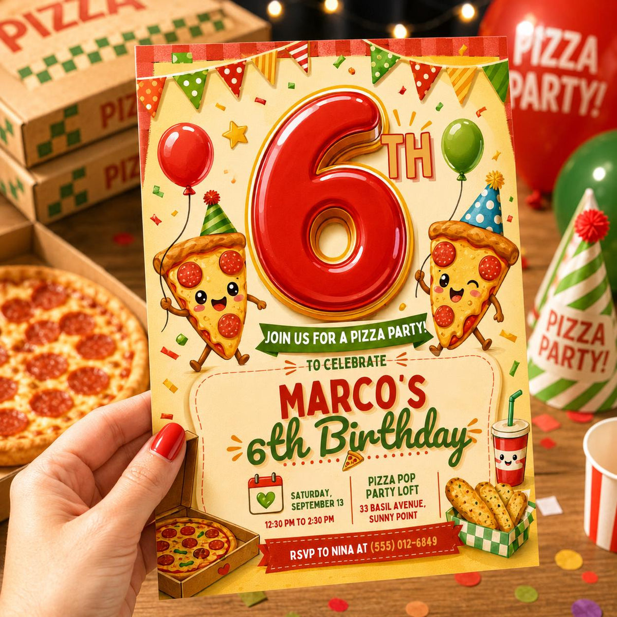 Pizza Party 6th Birthday Invitation — 6th birthday party stationery by VoltBy