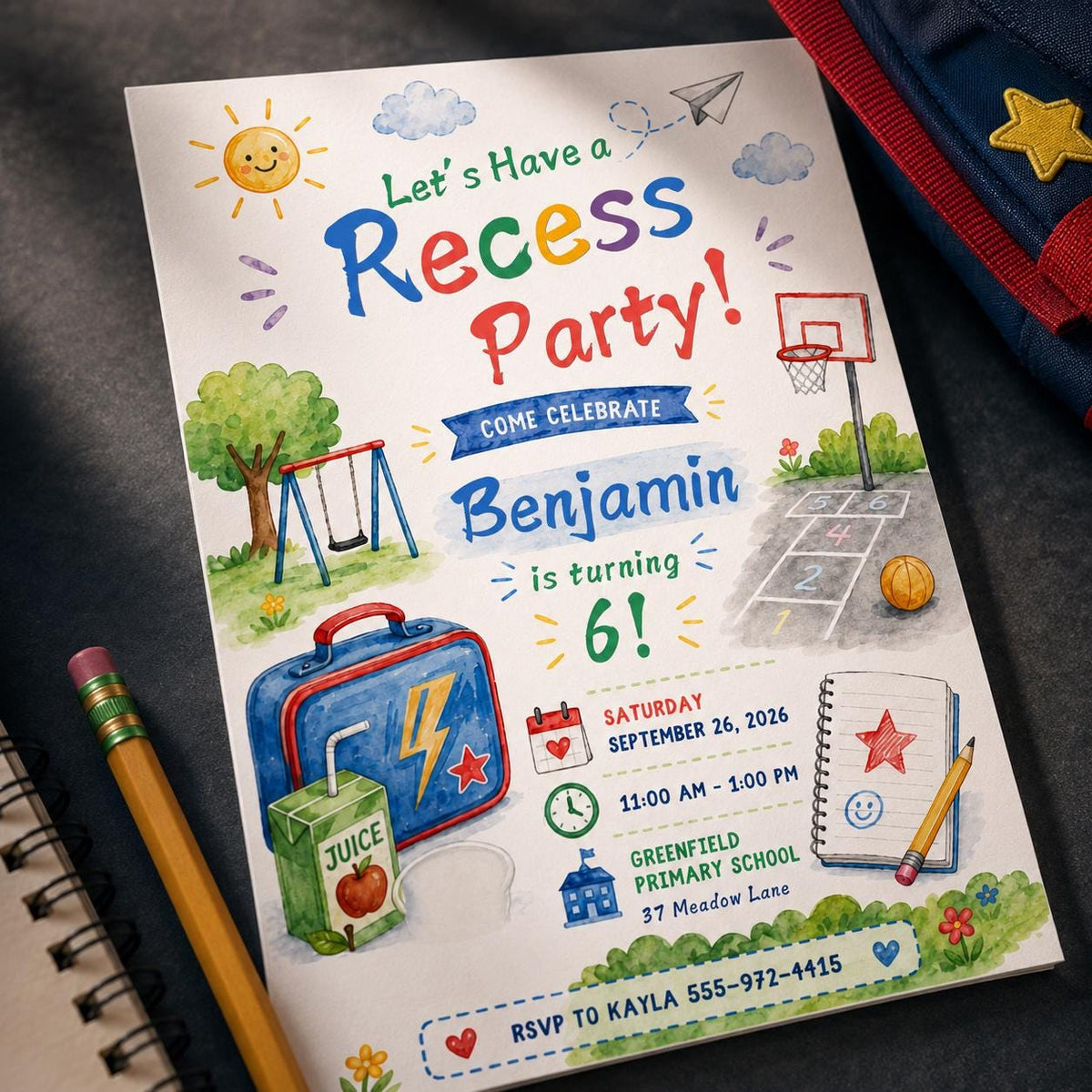 Playground 6th Birthday Invitation — 6th birthday party stationery by VoltBy