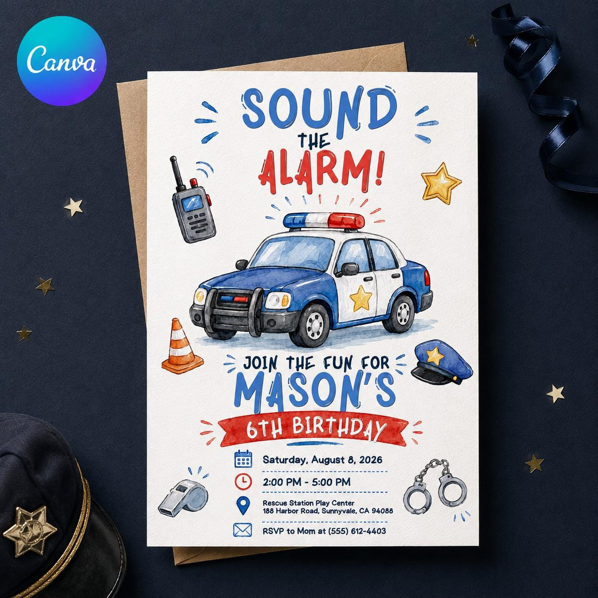 Police 6th Birthday Invitation: Sound the Alarm Police Party — editable Canva template