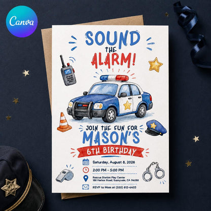 Police 6th Birthday Invitation: Sound the Alarm Police Party — editable Canva template