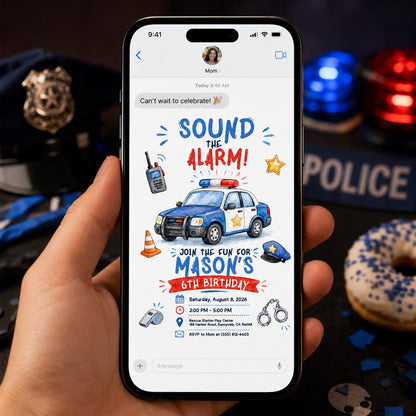 Police 6th Birthday Invitation: Sound the Alarm Police Party — invitation you personalize in Canva