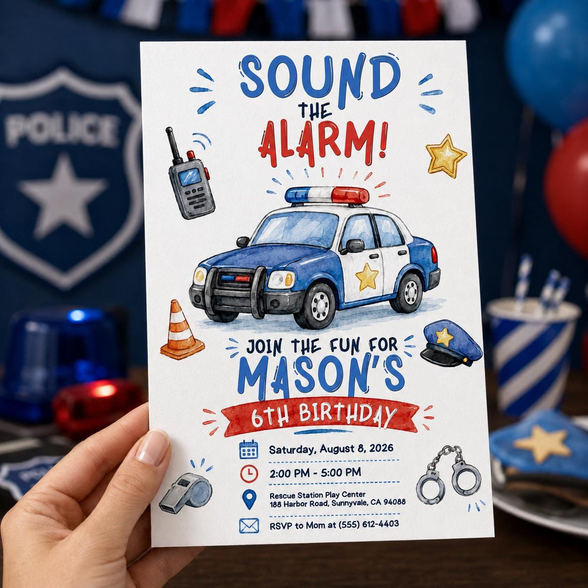 Police 6th Birthday Invitation: Sound the Alarm Police Party — print-ready 6th birthday party design from VoltBy