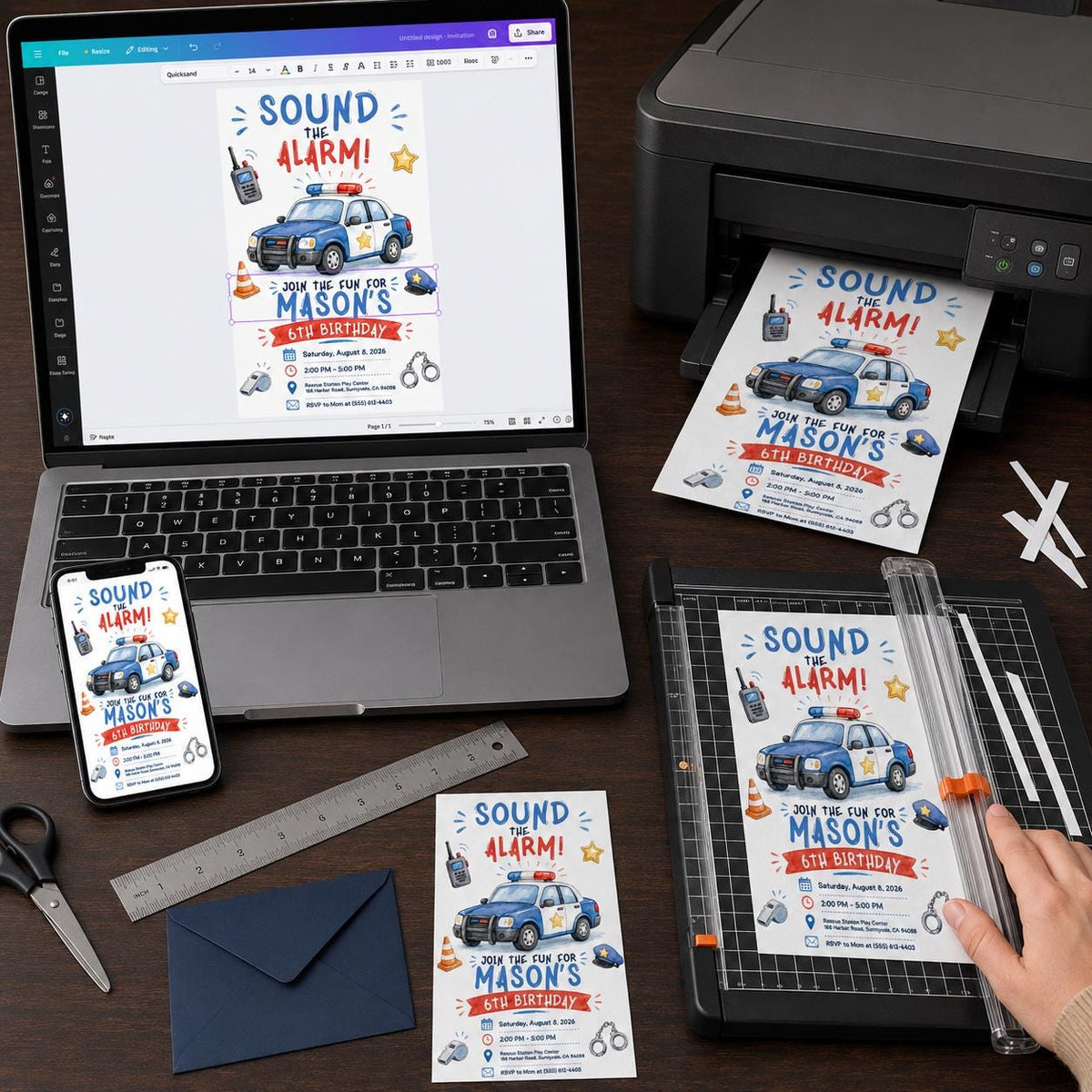 Police 6th Birthday Invitation: Sound the Alarm Police Party — digital invitation, instant download