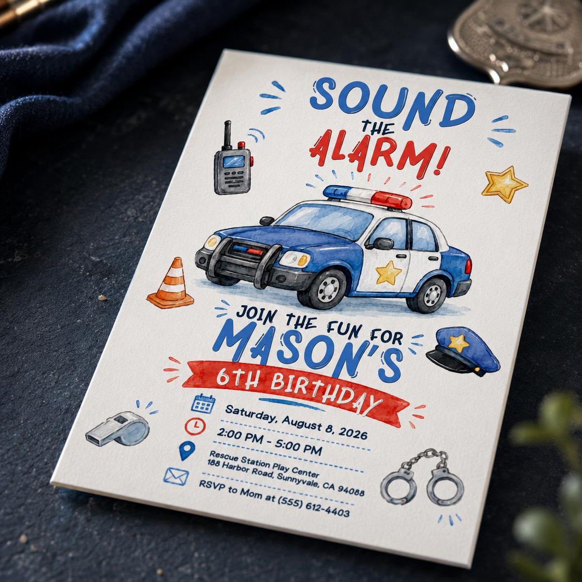 Police 6th Birthday Invitation: Sound the Alarm Police Party — 6th birthday party stationery by VoltBy