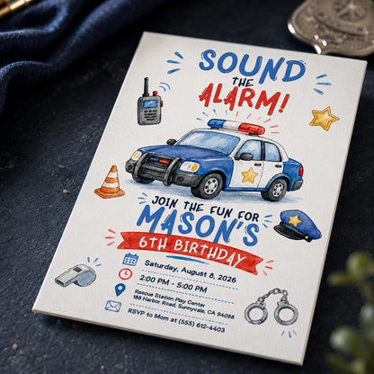 Police 6th Birthday Invitation: Sound the Alarm Police Party — 6th birthday party stationery by VoltBy