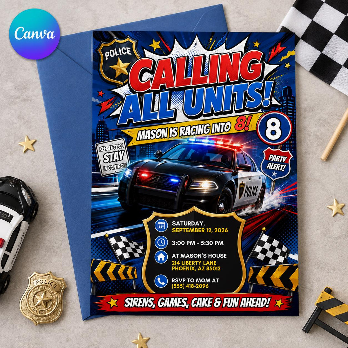 Police 8th Birthday Invitation for Boys — editable Canva template