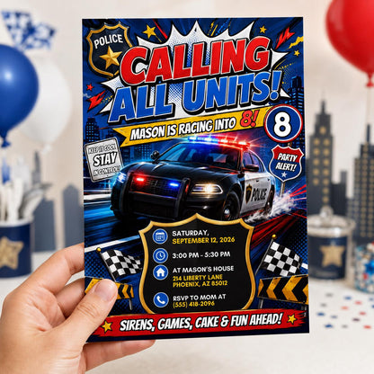 Police 8th Birthday Invitation for Boys — print-ready 8th birthday party design from VoltBy