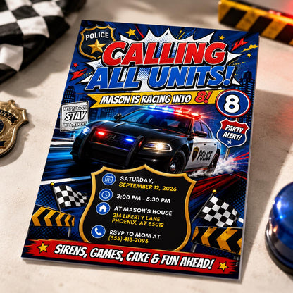 Police 8th Birthday Invitation for Boys — 8th birthday party stationery by VoltBy