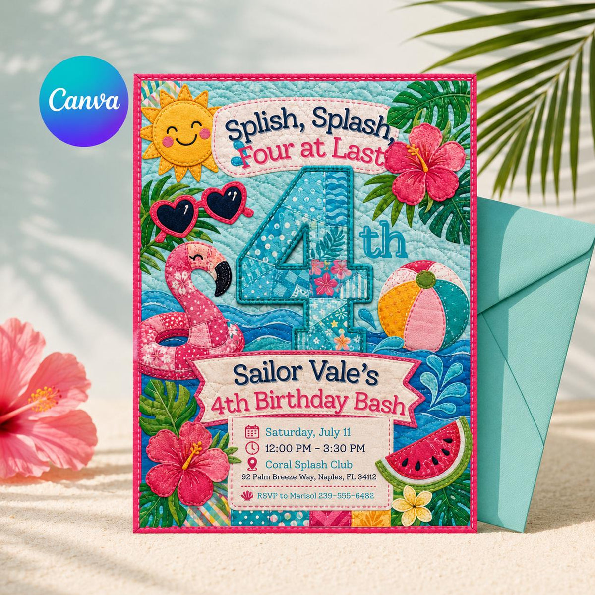 Pool Party 4th Birthday Invitation: 4th Birthday Girl Tropical Summer Swim — editable Canva template