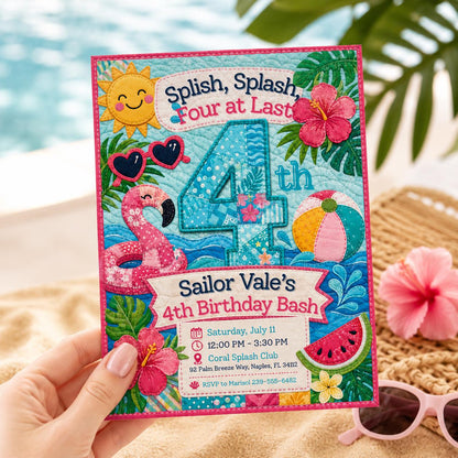 Pool Party 4th Birthday Invitation: 4th Birthday Girl Tropical Summer Swim — invitation you personalize in Canva