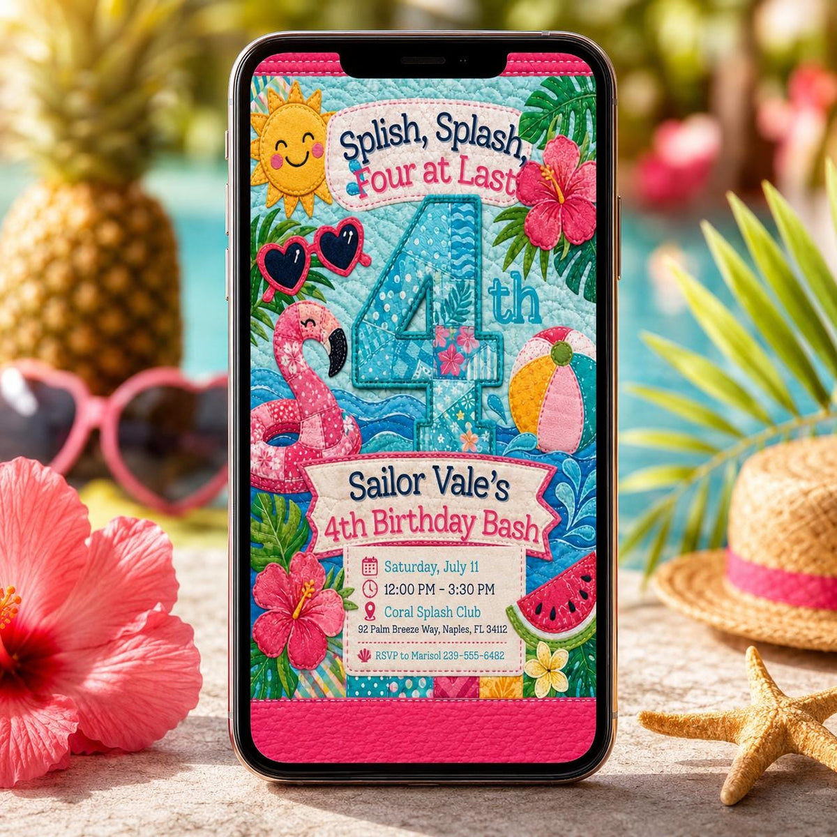 Pool Party 4th Birthday Invitation: 4th Birthday Girl Tropical Summer Swim — print-ready 4th birthday party design
