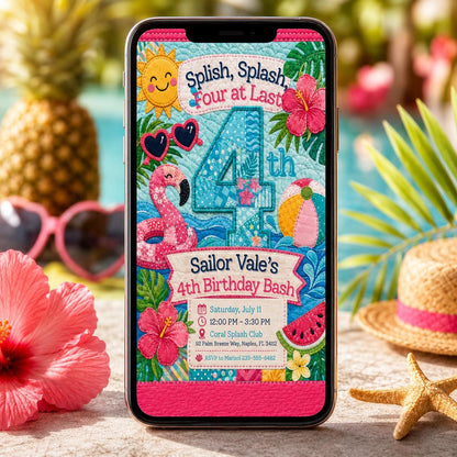 Pool Party 4th Birthday Invitation: 4th Birthday Girl Tropical Summer Swim — print-ready 4th birthday party design