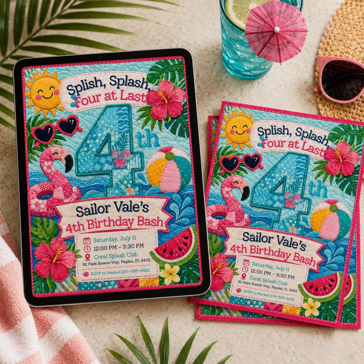 Pool Party 4th Birthday Invitation: 4th Birthday Girl Tropical Summer Swim — digital invitation, instant download