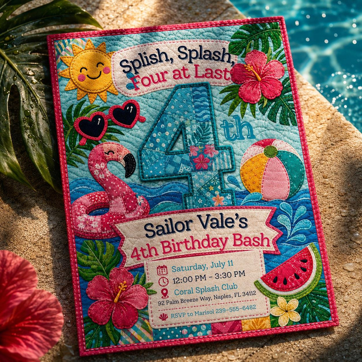 Pool Party 4th Birthday Invitation: 4th Birthday Girl Tropical Summer Swim — 4th birthday party stationery by VoltBy
