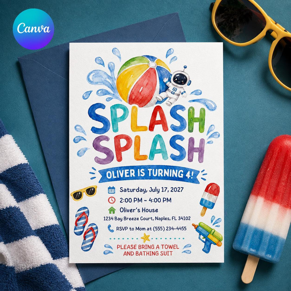 Pool Party 4th Birthday Invitation: Splish Splash 4th Birthday — editable Canva template