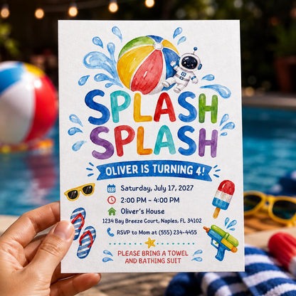 Pool Party 4th Birthday Invitation: Splish Splash 4th Birthday — print-ready 4th birthday party design from VoltBy